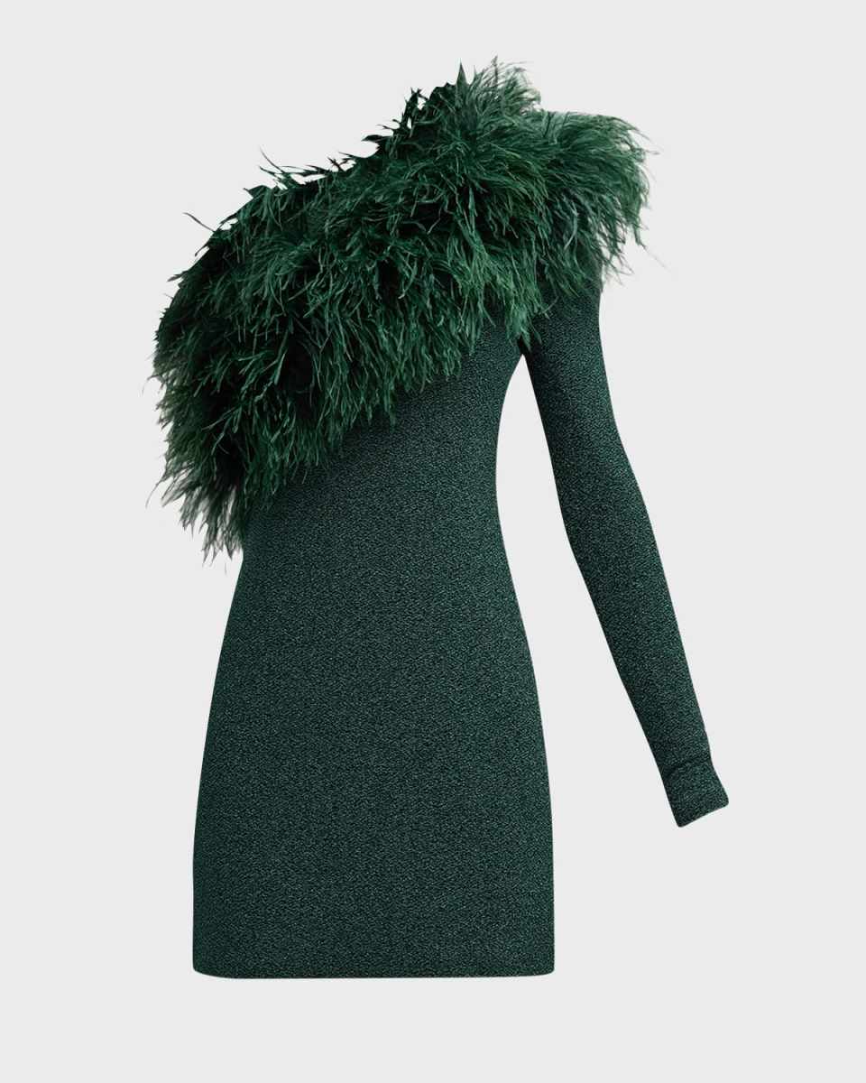 Feather-Trim Textured Metallic Jersey One-Shoulder Mini Dress